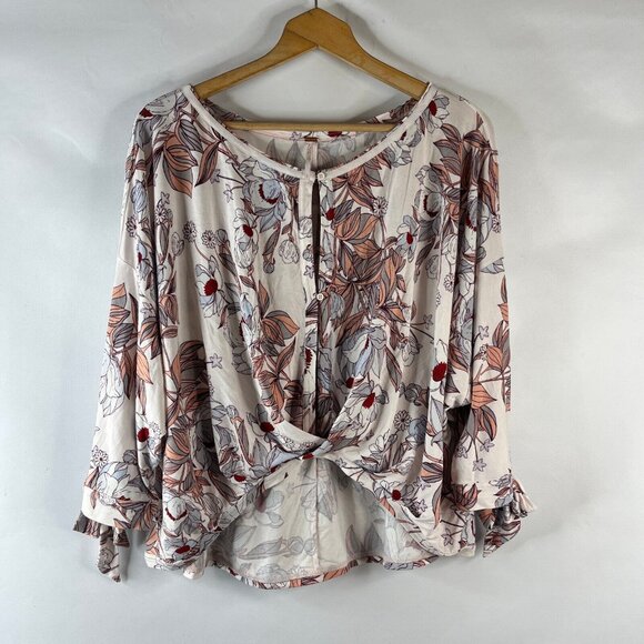 Free People Womens Blouse Top Size Large Keepin On Printed Cream Floral Boho - Picture 2 of 11